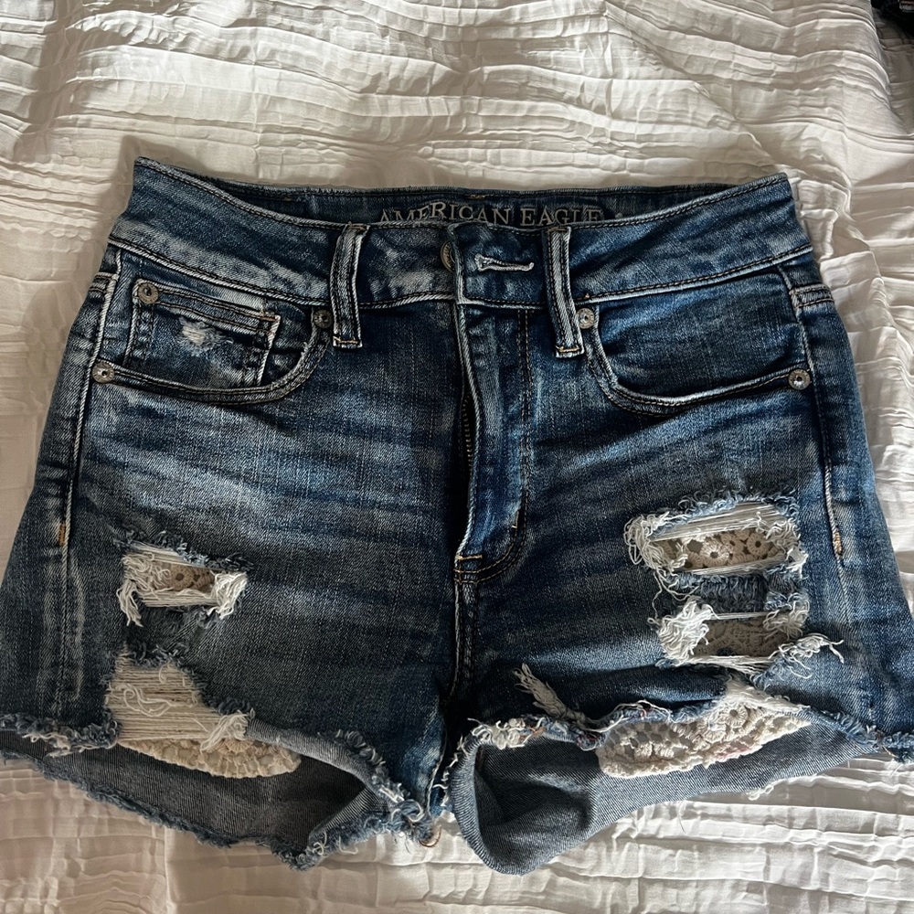 American Eagle Outfitters Women's Ripped Jean Shorts - Dark Blue